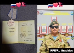 Pahari Prakash's online footprint reveals numerous details about his time with the Russian military, including an award (left) he received for "courage."