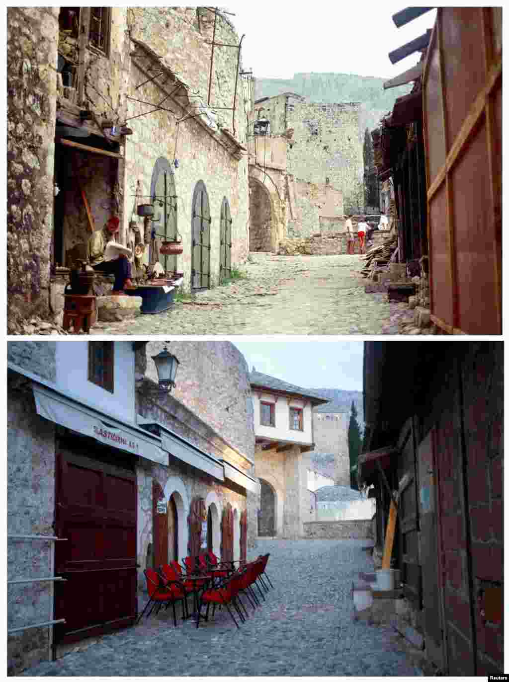 A man reads on the steps of a building in the destroyed section of the old city of Mostar in June 1993. Beneath this photo is the same street on February 23, 2013.