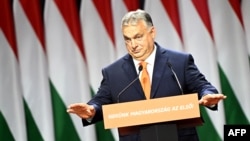 Hungarian Prime Minister Viktor Orban gives a speech in Budapest on November 18 after being re-elected leader at the congress of the governing right-wing Fidesz party.