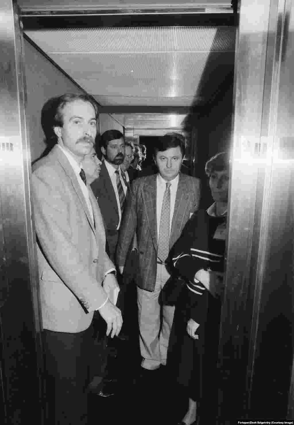 Miklos Nemeth (center right, facing camera) is photographed soon after he was named prime minister of Hungary in November 1988. In March 1989, Miklos Nemeth, the country&rsquo;s young prime minister, confided to Soviet leader Mikhail Gorbachev in Moscow that Hungary would soon hold free elections. Gorbachev made clear he disagreed with the move, but vowed, &quot;there will be no instruction or order by us to crush it.&rdquo; Nemeth told his advisers after leaving the Kremlin that &quot;we have at least a silent supporter...in Moscow.&quot;