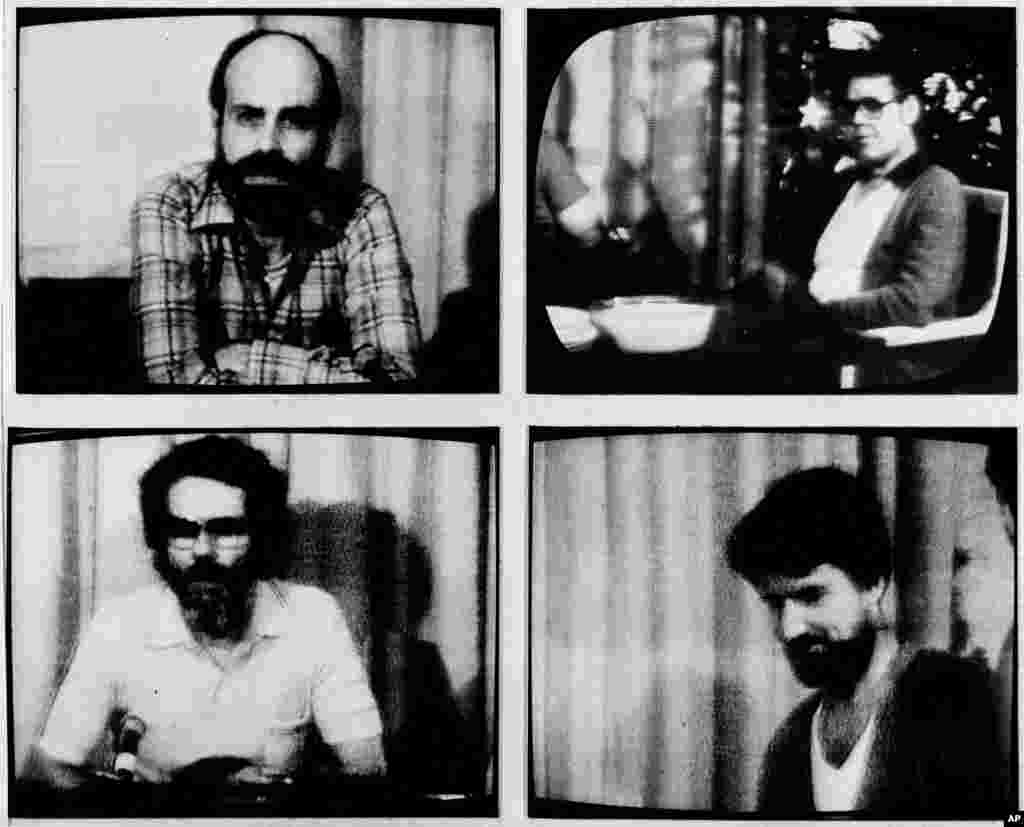 After their second Christmas in captivity, the hostages were allowed to send messages to their families. Their statements were shown on U.S. television on December 27, 1980. Clockwise from upper left: Barry Rosen of Brooklyn, New York; Bert Moore of Mount Vernon, Ohio; William B. Royer Jr. of Houston, Texas; and John Graves of Reston, Virginia.