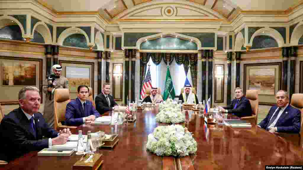 U.S. Secretary of State Marco Rubio (second left), Russian Foreign Minister Sergei Lavrov (right) and other U.S. and Russian officials attend a meeting on the war in Ukraine with a Saudi delegation in Riyadh on February 18.